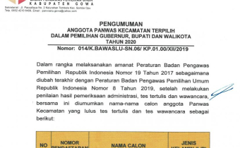 Pengumuman Anggota Panwascam Terpilih Dalam Pemilihan Bupati Gowa 2020