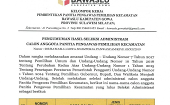 Pengumuman Hasil Seleksi Administrasi Calon Anggota Panitia Pengawasam Pemilihan Kecamatan, Kabupaten Gowa